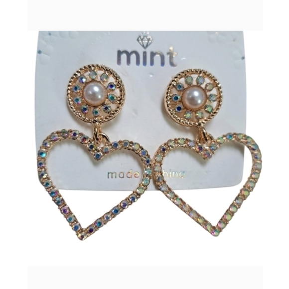 Mint Rhinestone Heart Dangle Earrings - Picture 3 of 5